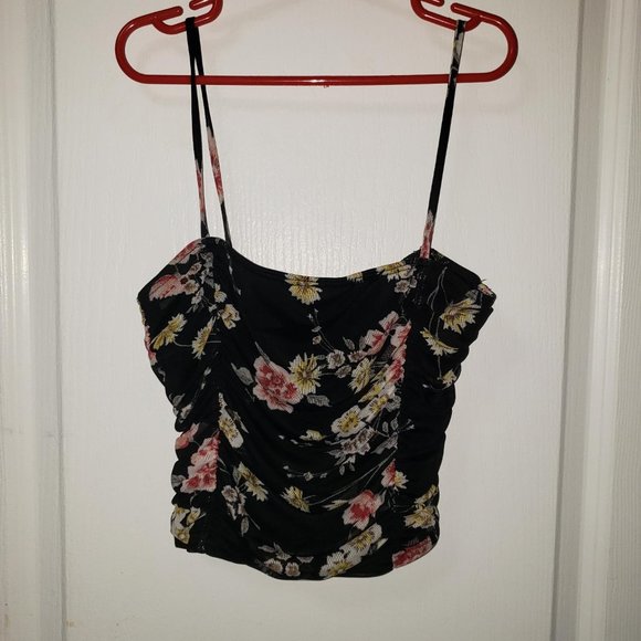 Floral Ruched Mesh Cropped Tank - Mind Code (Urban Planet) - Picture 1 of 3